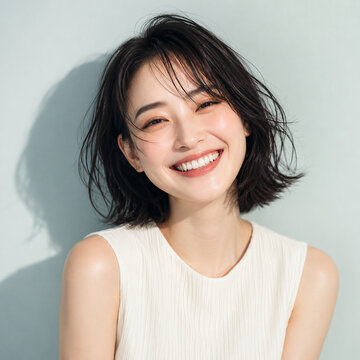 Young woman smiling with short black hair. Female model with cheerful expression in studio setting.