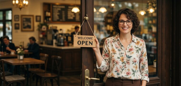 Friendly coffee shop owner welcomes customers at her small business with a Welcome Open sign.