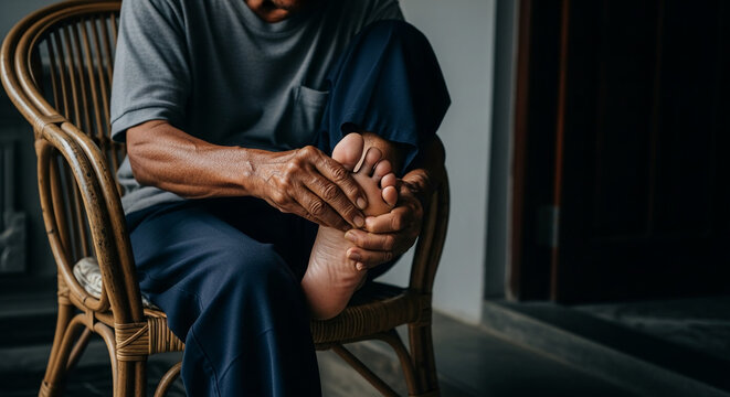 Elderly man sitting on a wicker chair and massaging his painful foot to relieve symptoms of gout, arthritis, or fatigue in a home setting lifestyle.