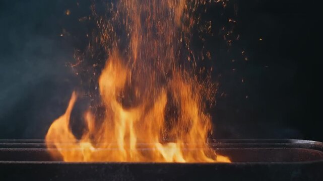 Intense fire burning in dark night with glowing embers