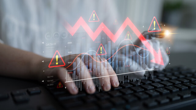 AI visualizes economic caution with smart graphs, alert icons, and data trend analysis, helping businesses respond to financial instability and risk. Artificial intelligence spline