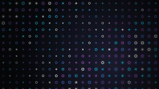 Glowing neon circles and crosses pattern animation on dark background, perfect for gaming videos, technology promos and motion graphics