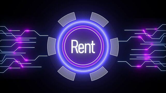Modern futuristic rent button design with glowing circuit background