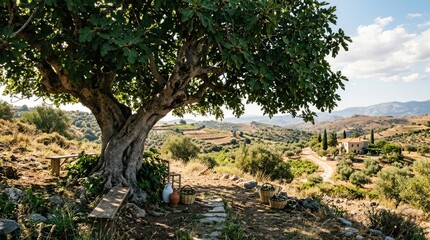 Fototapeta premium A large tree with green leaves stands in a lush, green landscape with a winding dirt path leading to a rustic house in the distance.