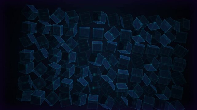 Floating transparent blue 3D cubes forming a grid on a dark background, perfect for digital technology presentations, data visualization and motion