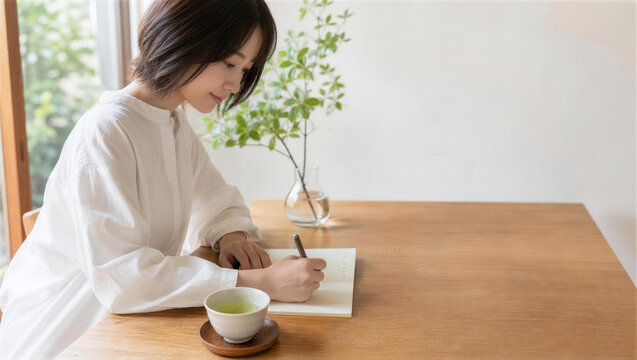 温かいお茶を添えてノートに書く女性