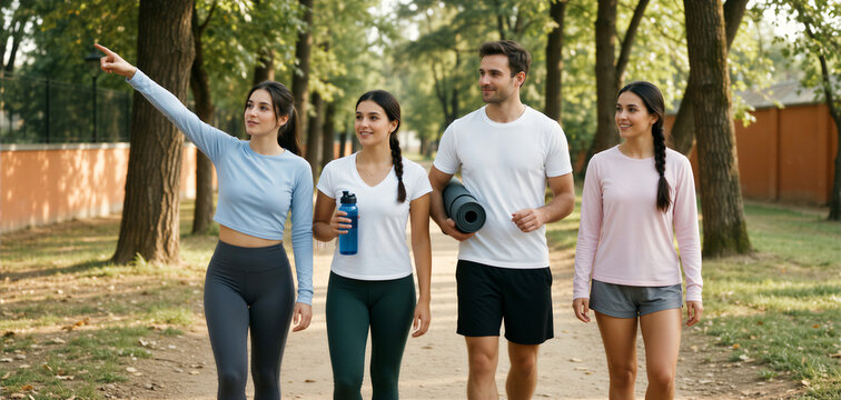 Four young adults enjoy a morning routine walk in a park, promoting wellness and fitness together.