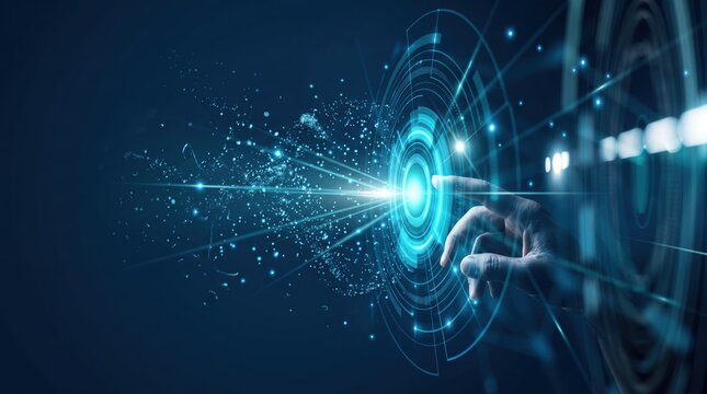 Human hand touching futuristic digital interface, glowing blue light, abstract technology, cybernetic connection, virtual reality, augmented reality, artificial intelligence