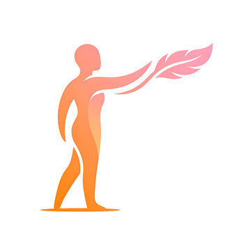Abstract human figure holding a delicate pink feather, symbolizing creativity and inspiration.