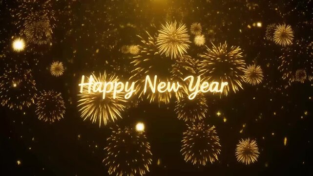 Animated fireworks display with golden lights and sparkling particles against dark backdrop creating vibrant festive atmosphere and glowing effects