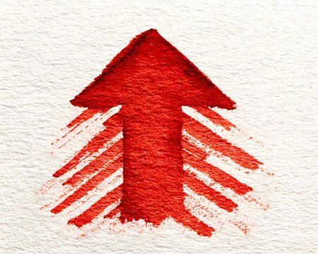 Vibrant red upward arrow painted with textured brushstrokes on white background