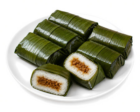 Lemper Traditional Indonesian Glutinous Rice Snack Wrapped in Banana Leaf Isolated on White Background