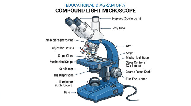 Laboratory scientist examining samples with a compound light microscope. Scientific researcher analyzing biological specimens.