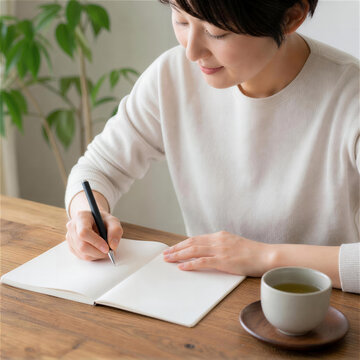 温かいお茶を添えてノートに一日の振り返りを書く女性