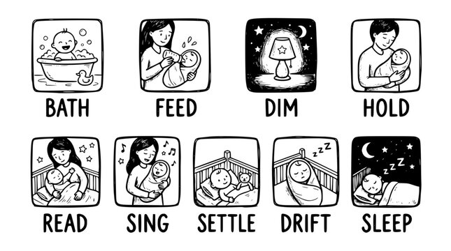 Hand drawn child sleep bedtime routine icons bath feed dim read sing hold settle drift sleep, black ink sketch vector illustration
