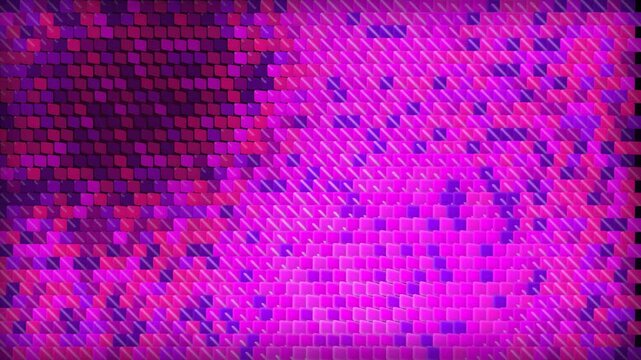 Abstract 3D grid of vibrating purple and magenta cubes, dynamic wave motion, ideal for digital backgrounds, motion graphics and techno visuals