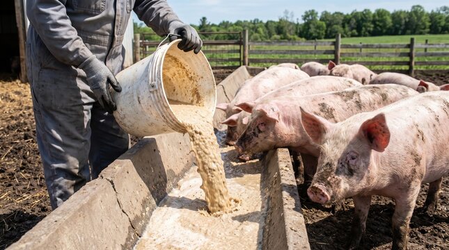 Farmer pouring liquid feed into a long trough to feed pigs on an outdoor farm.