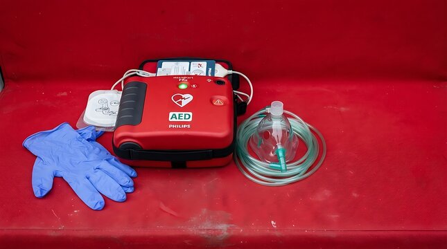 Automated external defibrillator medical kit with oxygen mask and protective gloves on red background with portable emergency defibrillator defibrillator unit accompanied