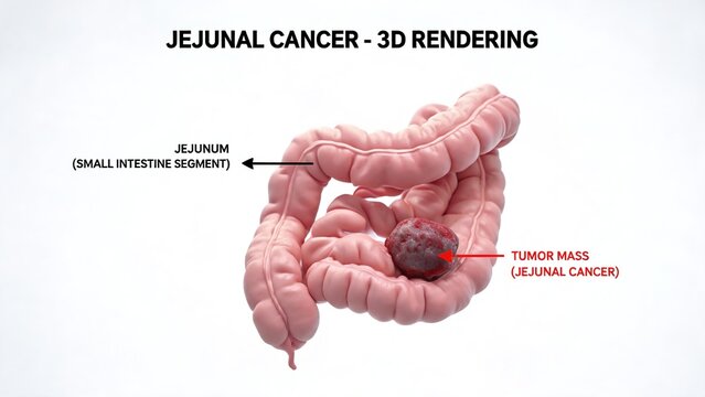 White background 3D rendering of jejunal cancer, labeled anatomical diagram of small intestine jejunum segment with malignant tumor mass, gastroenterology oncology reference graphic