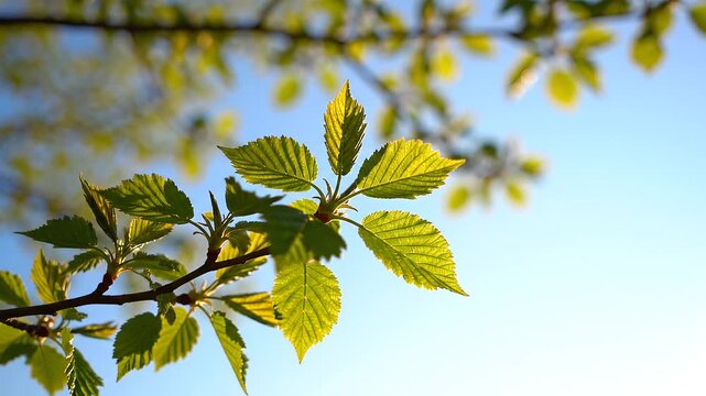 Small green twigs with light green leaves swaying in a light breeze against a clear blue sky.
