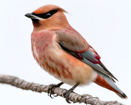 Bohemian Waxwing with colorful plumage perched on a bare branch against a white background