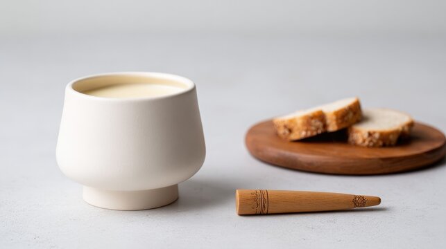 Ceramic cheese fondue pot with melted cheese, bread and carved alphorn, cozy dining concept