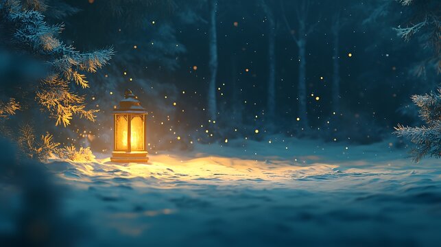 Snowy forest lantern night winter magic card