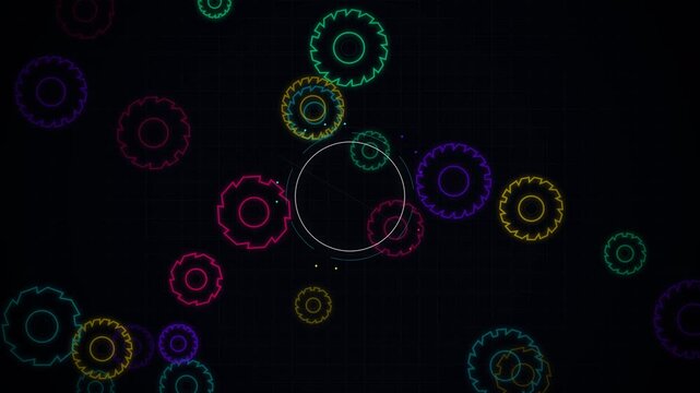 Neon glowing colorful outline gears rotating on a dark grid, concept for digital automation, mechanism and technical process