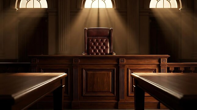 Majestic Wooden Judge Bench in a Traditional Courtroom with Dramatic Lighting and Leather Chair
