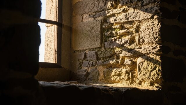 Interior view of stone structure. Sunlight streams through a small window