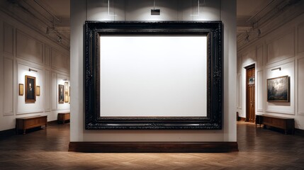 Fototapeta premium Antique gallery frame mockup on elegant royal black wall with empty white canvas copy space, classic museum exhibition and auction house artwork display template for vintage art presentation, interior