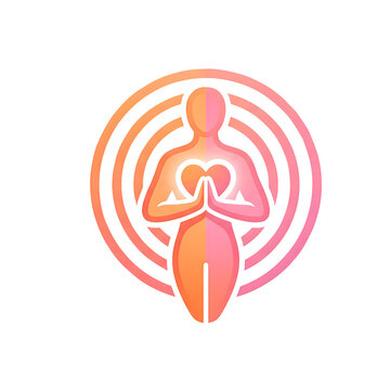 Stylized human figure with hands pressed together over a heart symbol, radiating concentric circles.