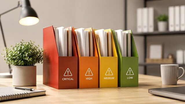 Colorful document folders on desk with critical high medium low labels. Concept of risk management and corporate data sorting.