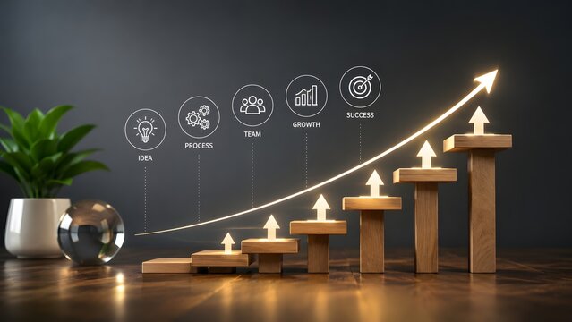 Wooden step graph with glowing upward arrow and illuminated business strategy icons. Concept of corporate growth progress, project management process, and financial success.