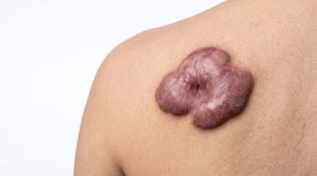 A detailed medical photograph showing an abnormal keloid scar tissue growth on body skin.