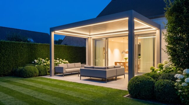 Modern patio pergola with outdoor lounge furniture at twilight