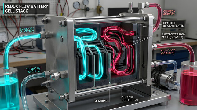 Hydrogen fuel cell stack prototype with cyan and pink glowing coolant fluid channels 3d render