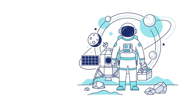 Astronaut Standing on Moon Surface with Lunar Module and Space Elements