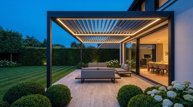 Modern patio pergola with integrated LED lighting at dusk