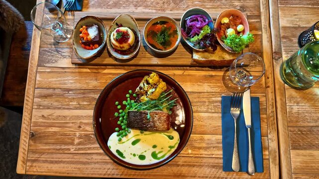 Elegant seafood plate with peas and cauliflower alongside small tapas dishes