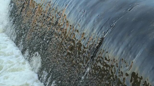 Fast-flowing water rushing over a small dam structure, creating white foam, turbulent currents, and dynamic cascades that highlight the power and movement of flowing water