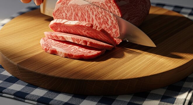 Knife slicing marbled, raw meat on wooden board, checkered cloth in background