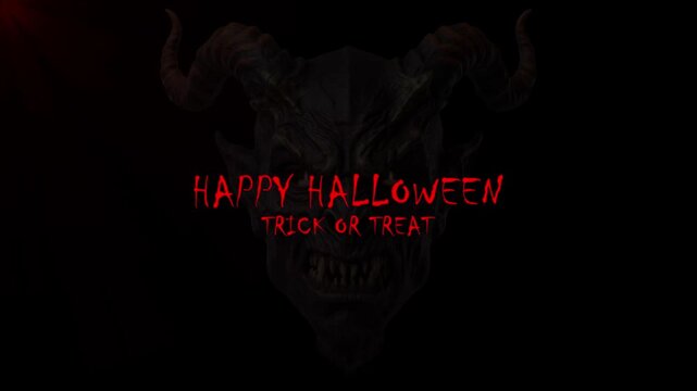 Dark Halloween Demon Devil Face with Red Lighting Happy Halloween Trick or Treat Typography Spooky Horror Background Scary Monster Cinematic Loop Animation
