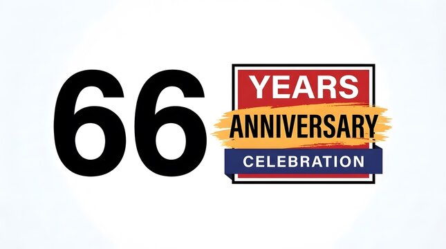 Sixty six years anniversary celebration graphic design with bold black numbers and colorful rectangular text boxes