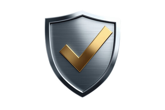 Brushed metal shield icon with gold check mark