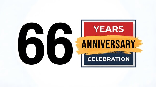 Sixty six years anniversary celebration logo with bold black numbers and decorative red and blue rectangular frame