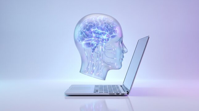 Glass Human Head with Glowing Neural Network Above Laptop