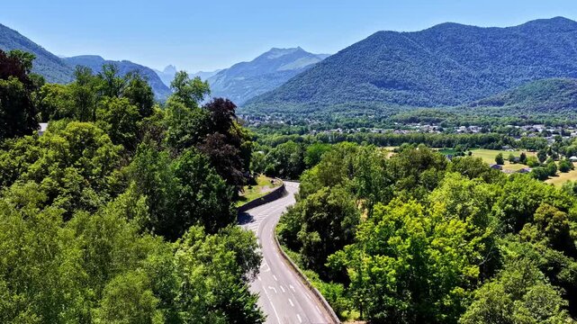 Aerial drone flying above the mountain road of the Col d'Aubisque in the Pyrenees, France