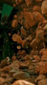 Industrial Excavator Bucket Digging into Rocky Soil