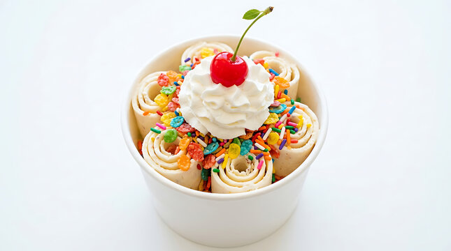 Fun and colorful vanilla Thai rolled ice cream with rainbow sprinkles and Fruity Pebbles cereal, isolated on white background